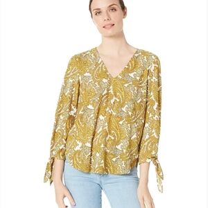 Michael Kors Saffron, Paisley Print V-Neck Blouse With Tie Knot Sleeves